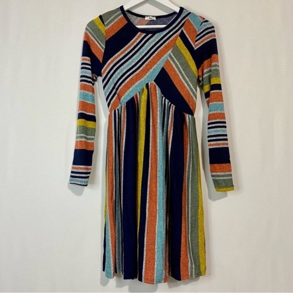 Egs Women’s Long Sleeve Knit Crewneck Midi Dress Mustard & Navy Stripe Size Sm